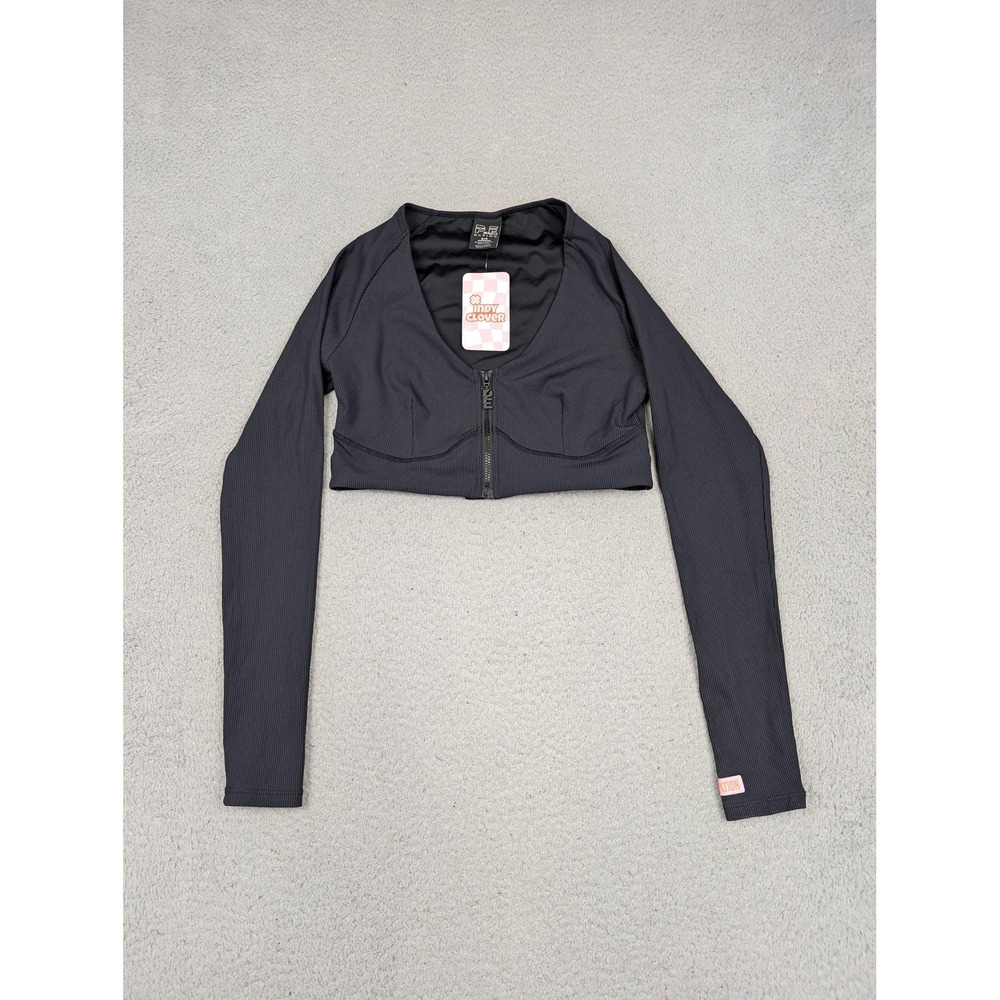 P.E Nation Shirt Womens Small Black Ribbed Zip Front Long Sleeve Crop Top Active